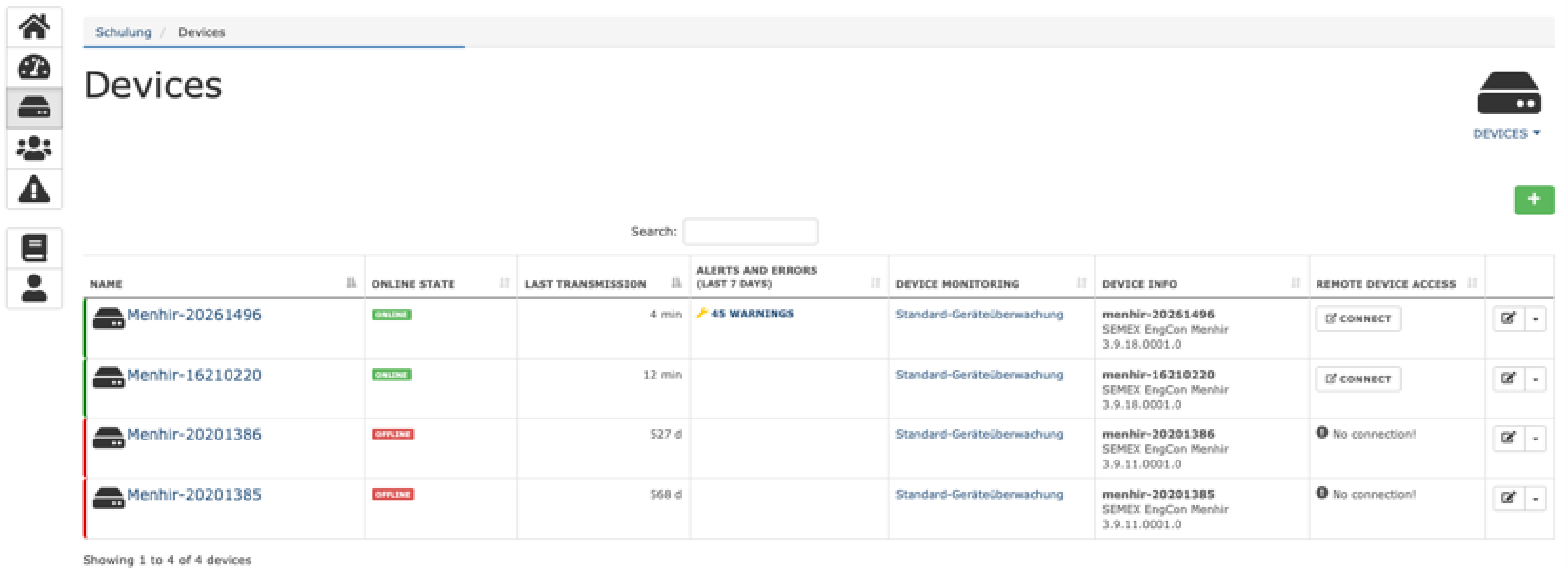 Online status monitoring – Track the live status of all MENHIR vibration measuring devices in real time