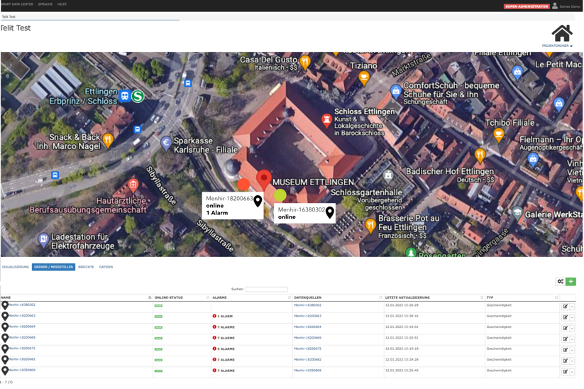 Interactive visualization for device and data management – ​​organize measuring points on a map and assign vibration measuring devices.